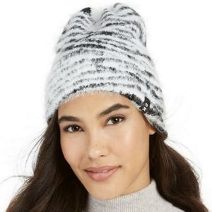 DKNY Fuzzy Zebra Animal Print Beanie Black & White